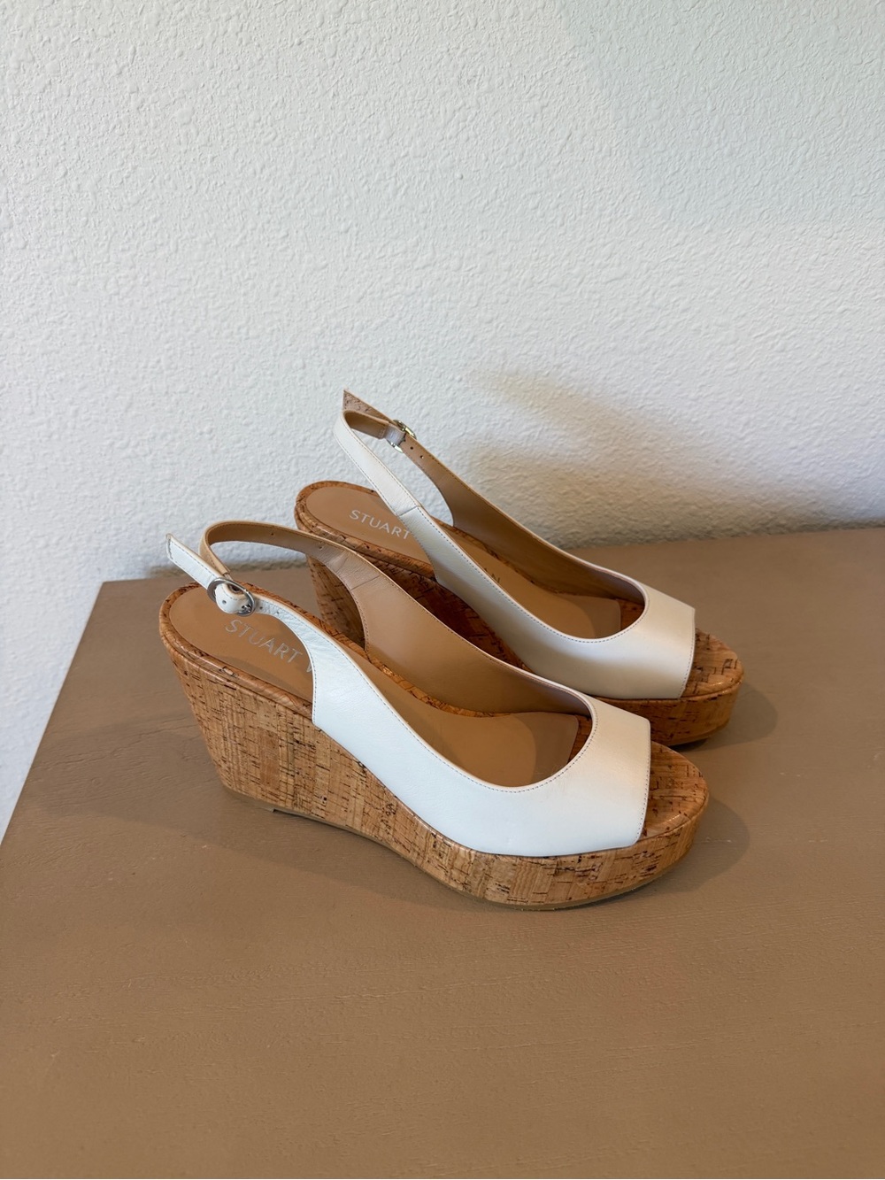 Stuart Weitzman White Cork Wedge Slingback Sandals